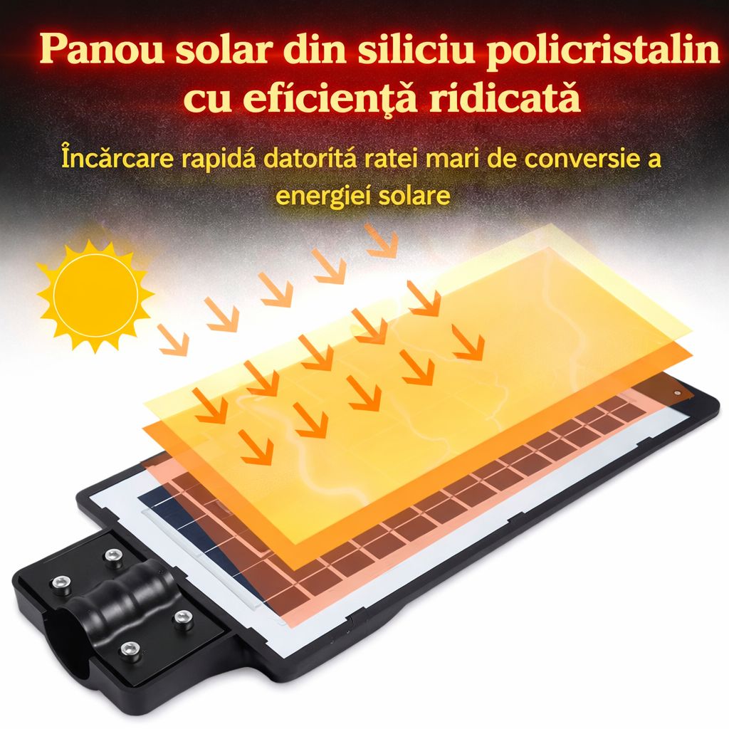 Lampa Solara Stradala 400W JORTAN cu 280 LED SMD, Panou Solar Integrat, Acumulator Intern Reincarcabil, Telecomanda pentru Controlul Lampii, Iluminare 6500K Alb Rece, Senzor de Miscare, Autonomie pana la 12h, Montaj pe Stalp sau Perete, Protectie IP65
