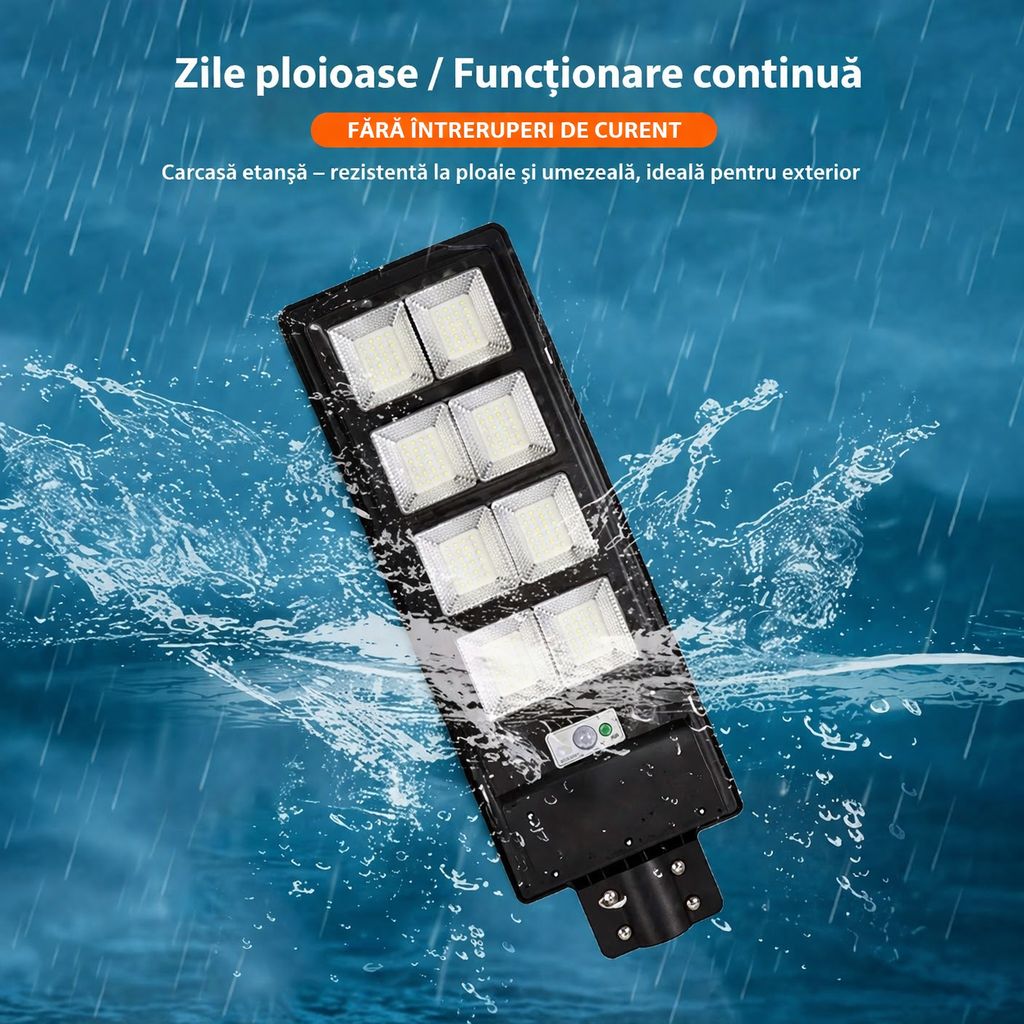 Lampa Solara Stradala 400W JORTAN cu 280 LED SMD, Panou Solar Integrat, Acumulator Intern Reincarcabil, Telecomanda pentru Controlul Lampii, Iluminare 6500K Alb Rece, Senzor de Miscare, Autonomie pana la 12h, Montaj pe Stalp sau Perete, Protectie IP65