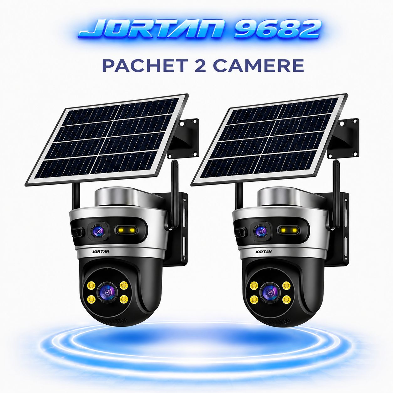 Pachet 2 Camere Solare 4G Jortan 9682, 6MP Dual Lens, PTZ 360°, Full Color Noapte, Panou Solar Mare, Exterior IP66, Audio Bidirectional, Slot SIM, 2 Carduri MicroSD 32GB Inclus