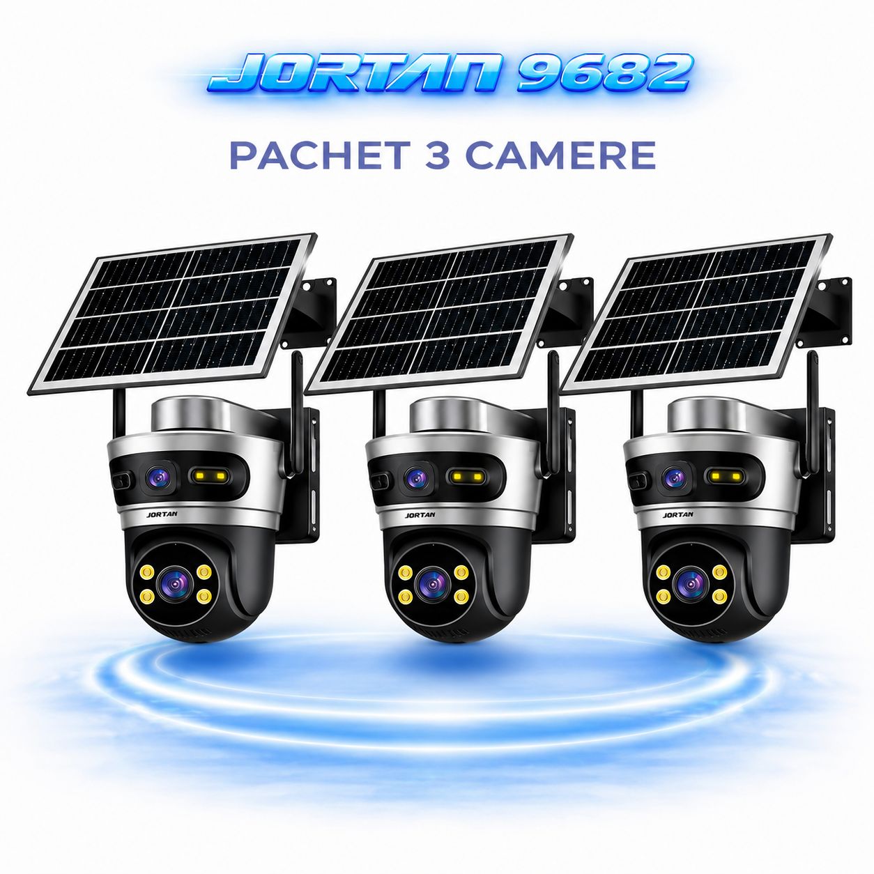 Pachet 3 Camere Solare 4G Jortan 9682, 6MP Dual Lens, PTZ 360°, Full Color Noapte, Panou Solar Mare, Exterior IP66, Audio Bidirectional, Slot SIM, 3 Carduri MicroSD 32GB Inclus las aici sa nu scrii nimic