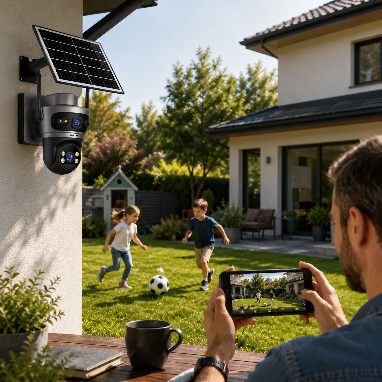 Pachet 2 Camere Solare 4G Jortan 9682, 6MP Dual Lens, PTZ 360°, Full Color Noapte, Panou Solar Mare, Exterior IP66, Audio Bidirectional, Slot SIM, 2 Carduri MicroSD 32GB Inclus