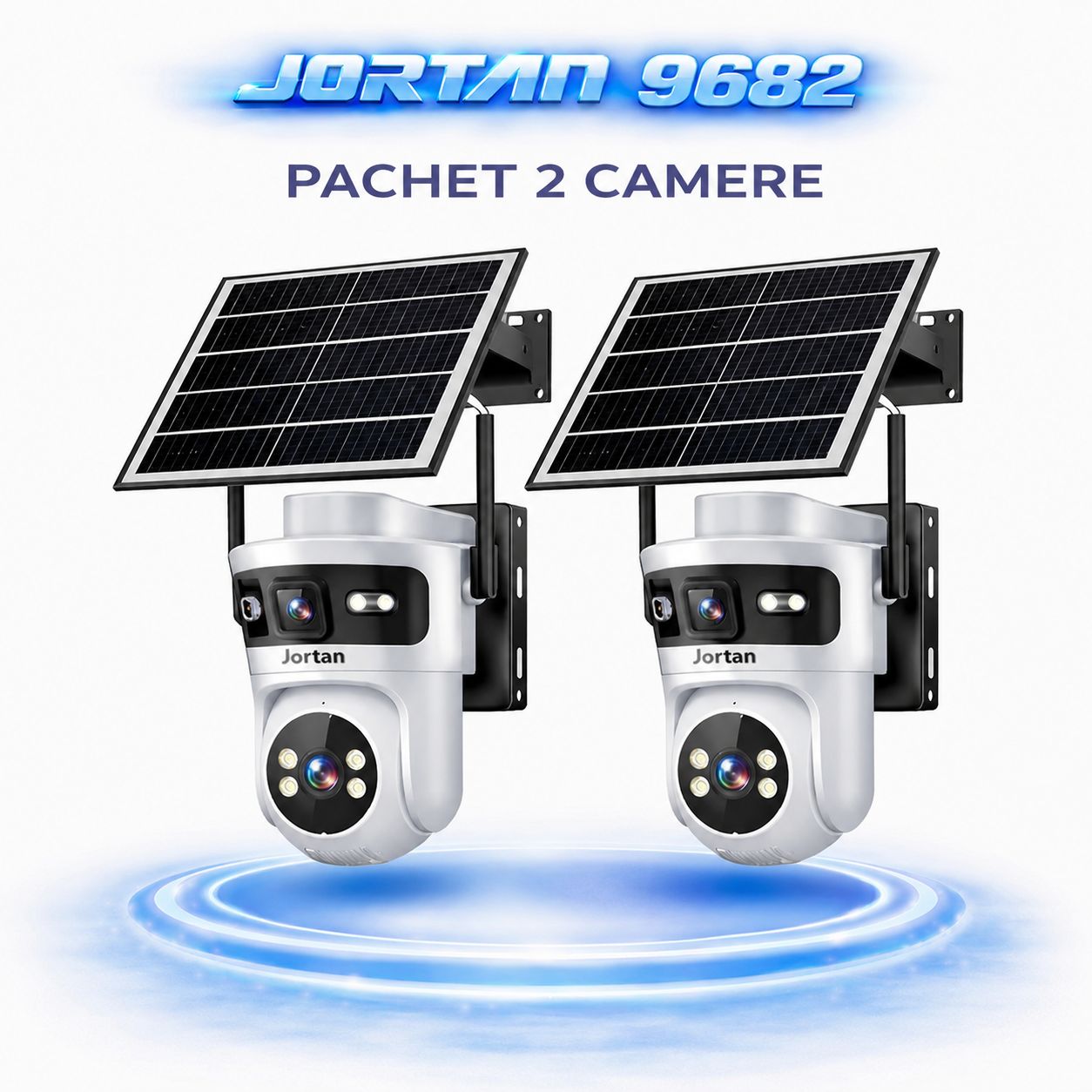 Pachet 2 Camere Solare 4G Jortan 9682, 6MP Dual Lens, PTZ 360°, Full Color Noapte, Panou Solar Mare, Exterior IP66, Audio Bidirectional, Slot SIM, 2 Carduri MicroSD 32GB Inclus