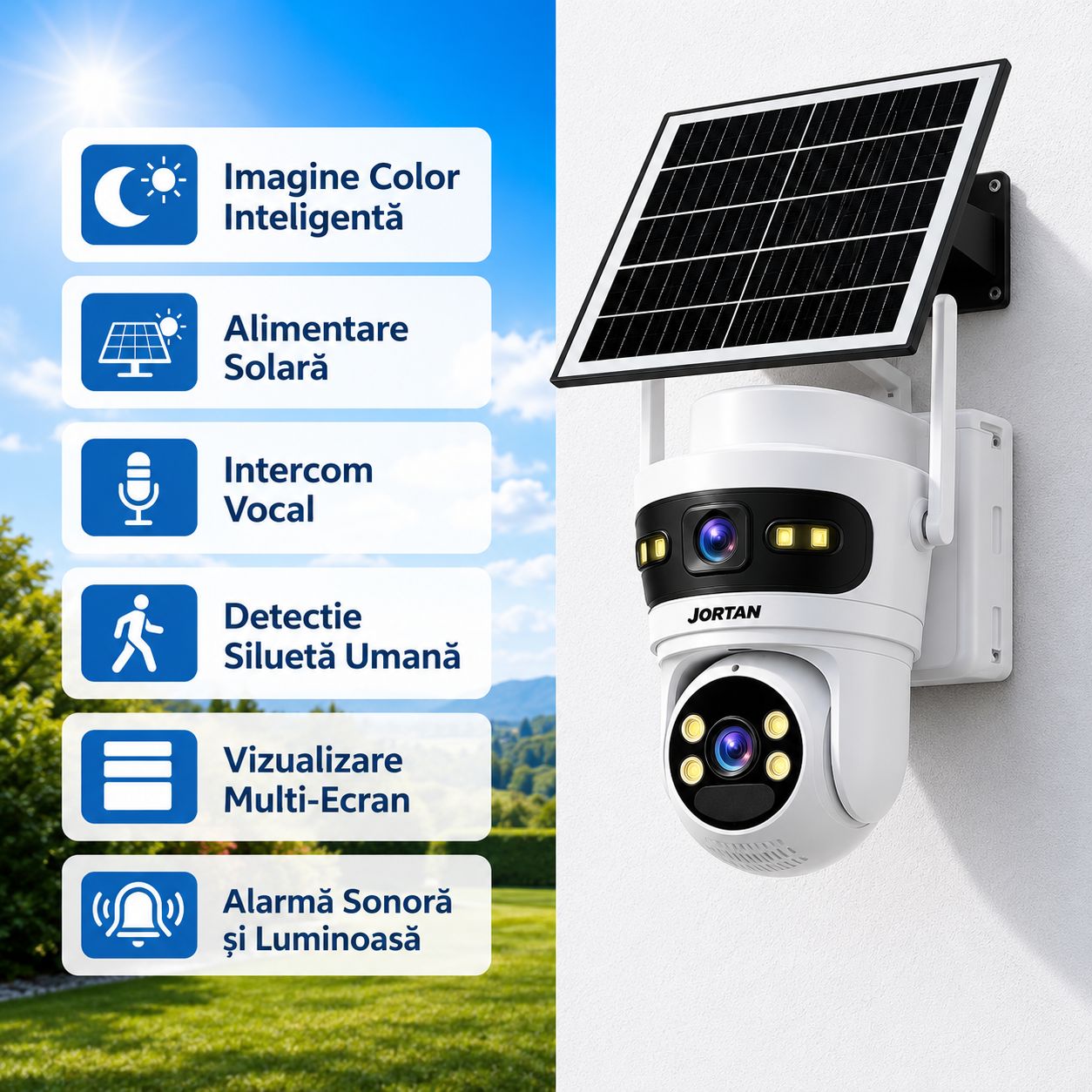 Pachet 3 Camere Solare 4G Jortan 9682, 6MP Dual Lens, PTZ 360°, Full Color Noapte, Panou Solar Mare, Exterior IP66, Audio Bidirectional, Slot SIM, 3 Carduri MicroSD 32GB Inclus