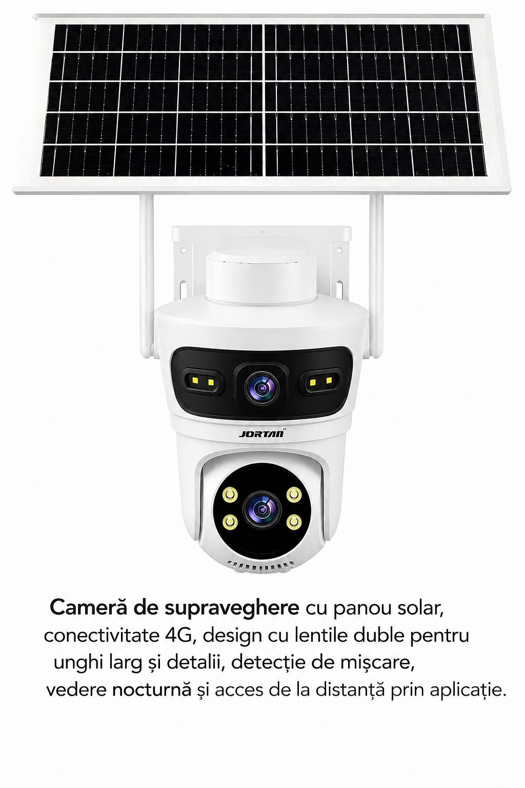 Pachet 3 Camere Solare 4G Jortan 9682, 6MP Dual Lens, PTZ 360°, Full Color Noapte, Panou Solar Mare, Exterior IP66, Audio Bidirectional, Slot SIM, 3 Carduri MicroSD 32GB Inclus