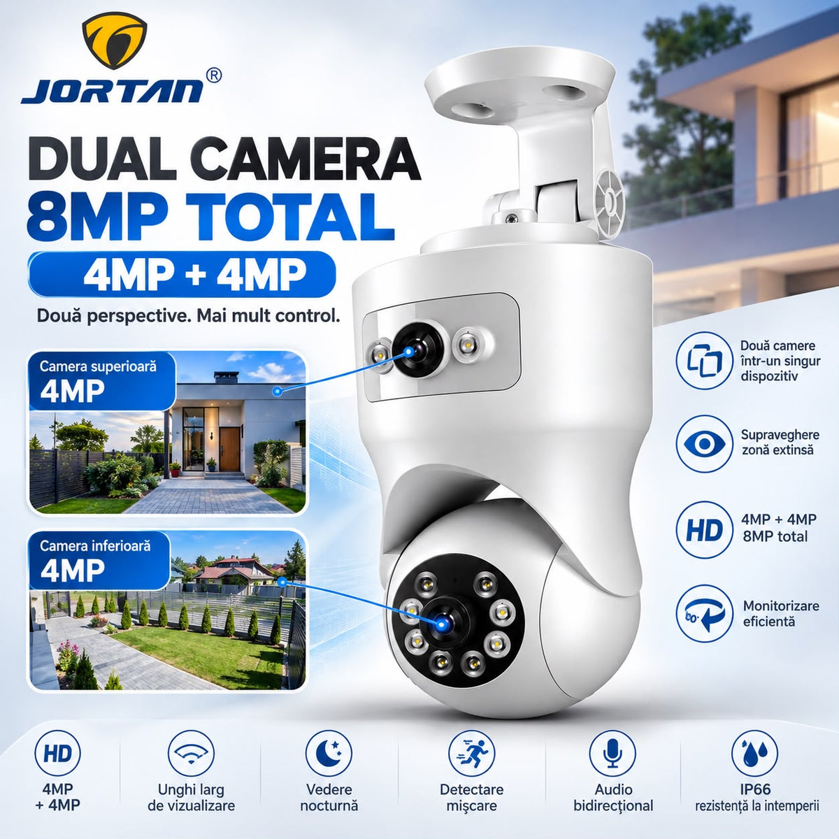 Camera de Supraveghere WiFi Jortan 9695, 8MP 4MP+4MP, PTZ, Zoom Digital 6X, Exterior IP66, Vedere Nocturna, Detectare Miscare, Audio Bidirectional