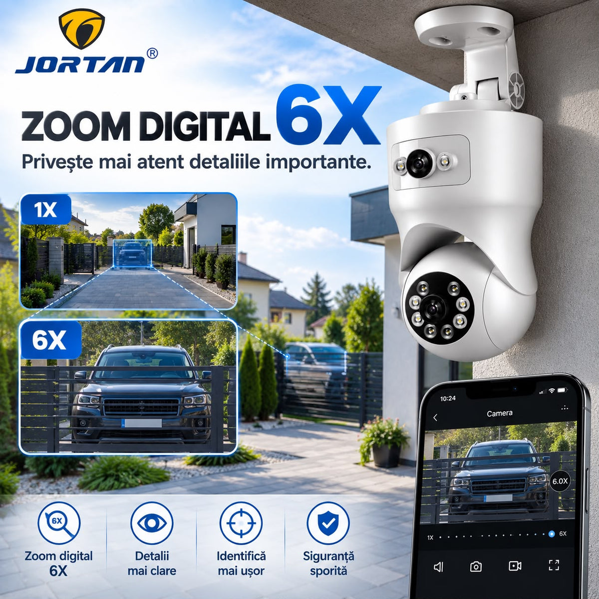 Camera de Supraveghere WiFi Jortan 9695, 8MP 4MP+4MP, PTZ, Zoom Digital 6X, Exterior IP66, Vedere Nocturna, Detectare Miscare, Audio Bidirectional