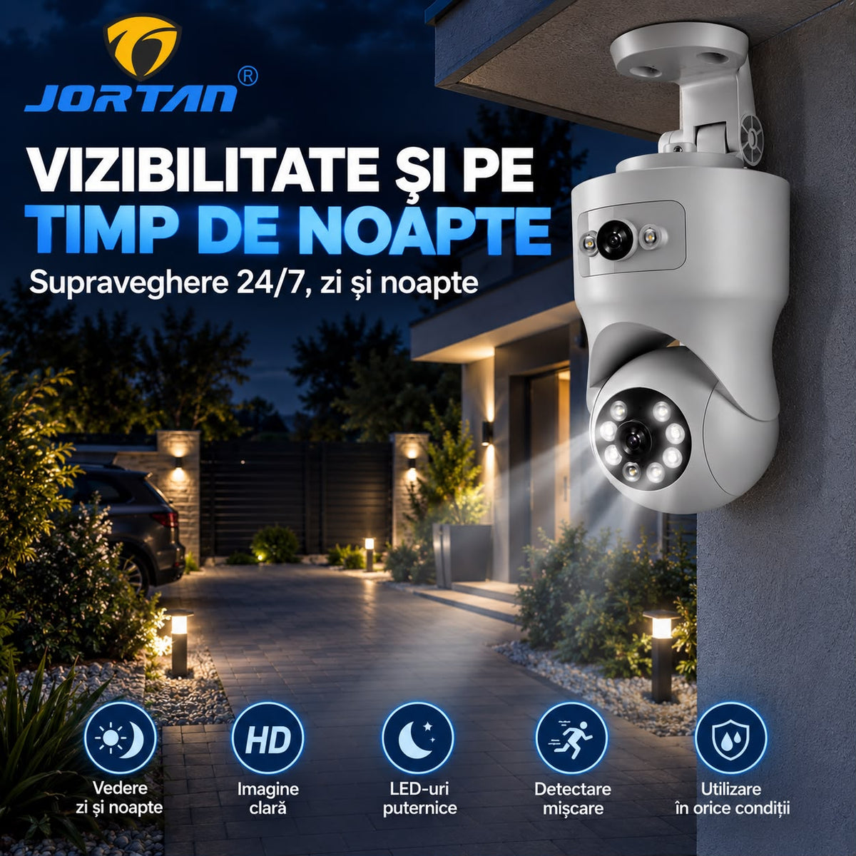 Camera de Supraveghere WiFi Jortan 9695, 8MP 4MP+4MP, PTZ, Zoom Digital 6X, Exterior IP66, Vedere Nocturna, Detectare Miscare, Audio Bidirectional