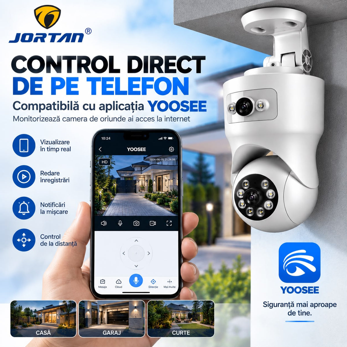 Camera de Supraveghere WiFi Jortan 9695, 8MP 4MP+4MP, PTZ, Zoom Digital 6X, Exterior IP66, Vedere Nocturna, Detectare Miscare, Audio Bidirectional