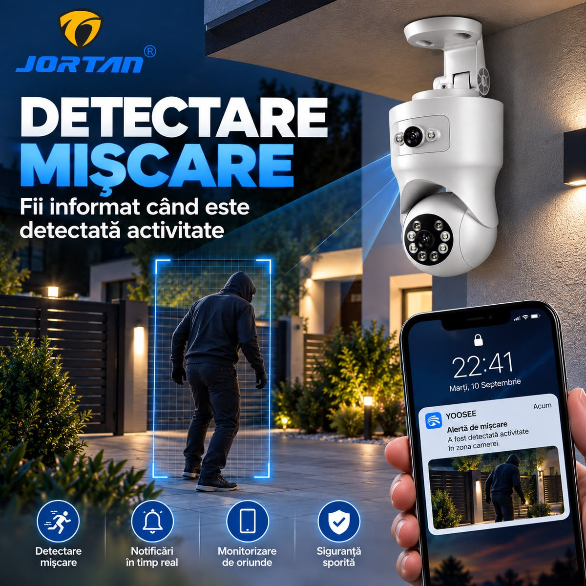 Camera de Supraveghere WiFi Jortan 9695, 8MP 4MP+4MP, PTZ, Zoom Digital 6X, Exterior IP66, Vedere Nocturna, Detectare Miscare, Audio Bidirectional