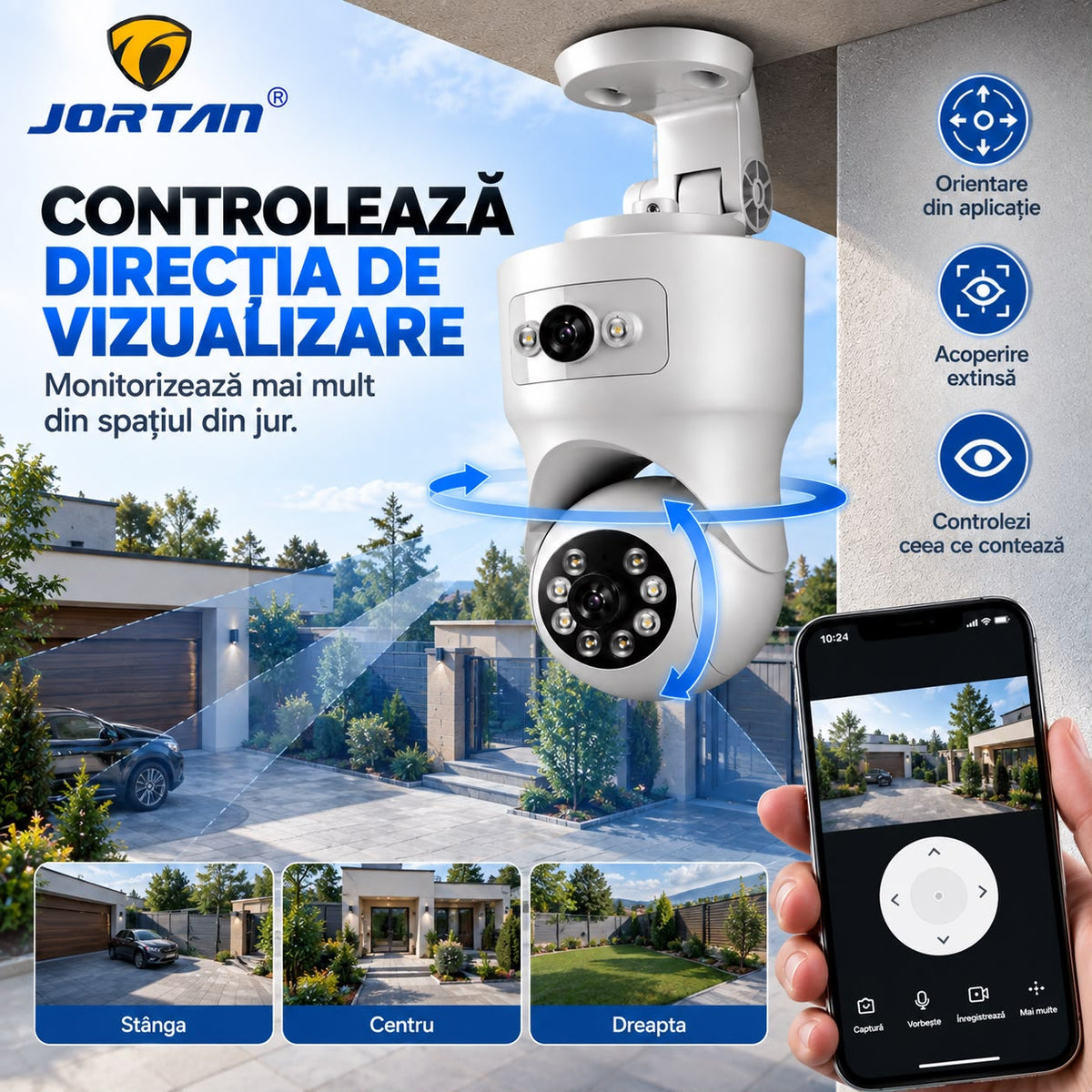 Camera de Supraveghere WiFi Jortan 9695, 8MP 4MP+4MP, PTZ, Zoom Digital 6X, Exterior IP66, Vedere Nocturna, Detectare Miscare, Audio Bidirectional