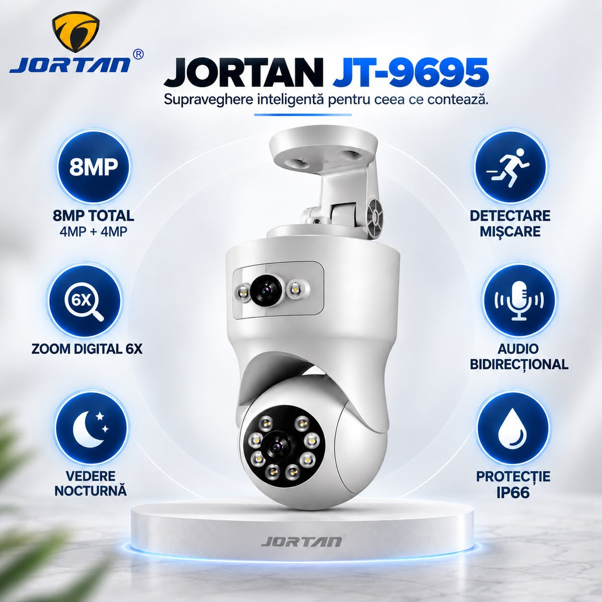 Camera de Supraveghere WiFi Jortan 9695, 8MP 4MP+4MP, PTZ, Zoom Digital 6X, Exterior IP66, Vedere Nocturna, Detectare Miscare, Audio Bidirectional
