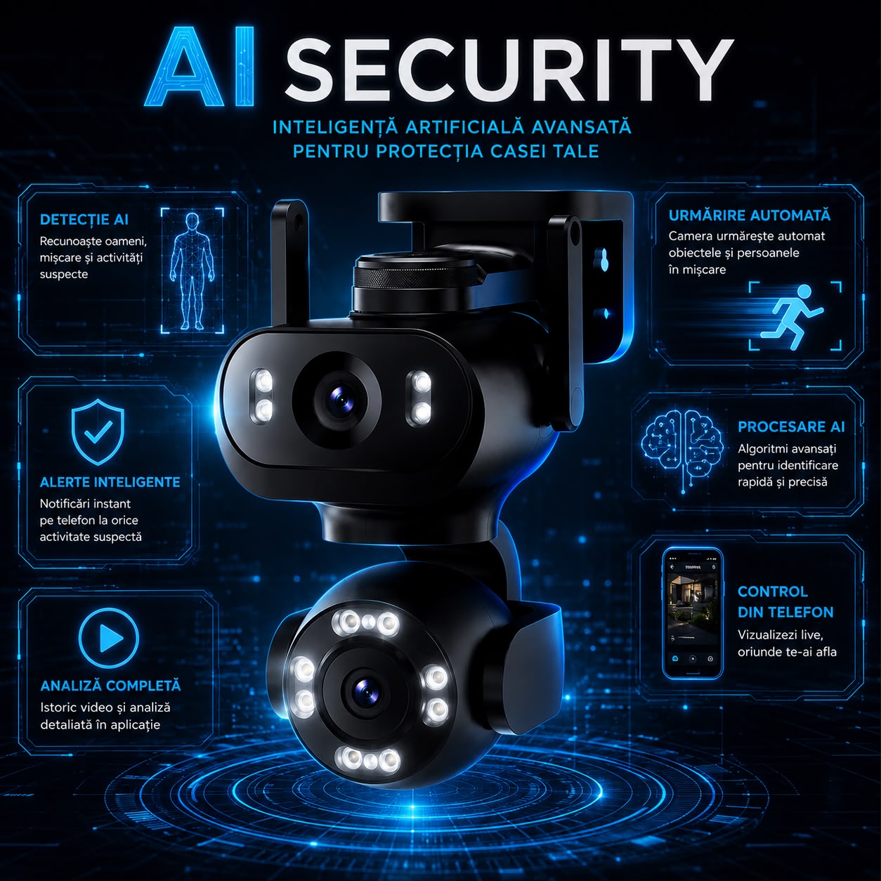 Camera de Supraveghere WiFi JORTAN JT-9680, 4MP, 2 Lentile, PTZ 360°, IP65, AI Detectare Persoane, Animale si Vehicule, Vedere Nocturna Color, Audio Bidirectional, Alarma Integrata, Aplicatie Yoosee, Card MicroSD 32GB Inclus