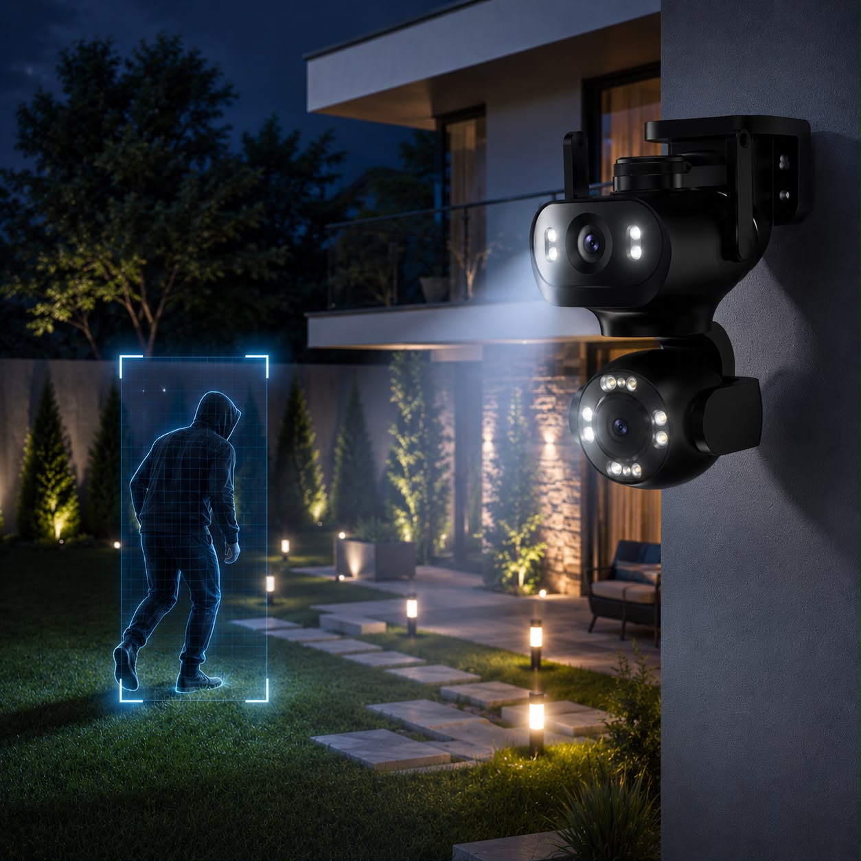Camera de Supraveghere WiFi JORTAN JT-9680, 4MP, 2 Lentile, PTZ 360°, IP65, AI Detectare Persoane, Animale si Vehicule, Vedere Nocturna Color, Audio Bidirectional, Alarma Integrata, Aplicatie Yoosee, Card MicroSD 32GB Inclus