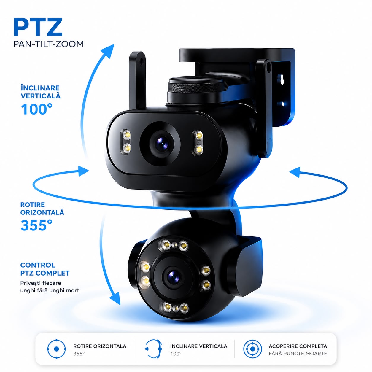Camera de Supraveghere WiFi JORTAN JT-9680, 4MP, 2 Lentile, PTZ 360°, IP65, AI Detectare Persoane, Animale si Vehicule, Vedere Nocturna Color, Audio Bidirectional, Alarma Integrata, Aplicatie Yoosee, Card MicroSD 32GB Inclus