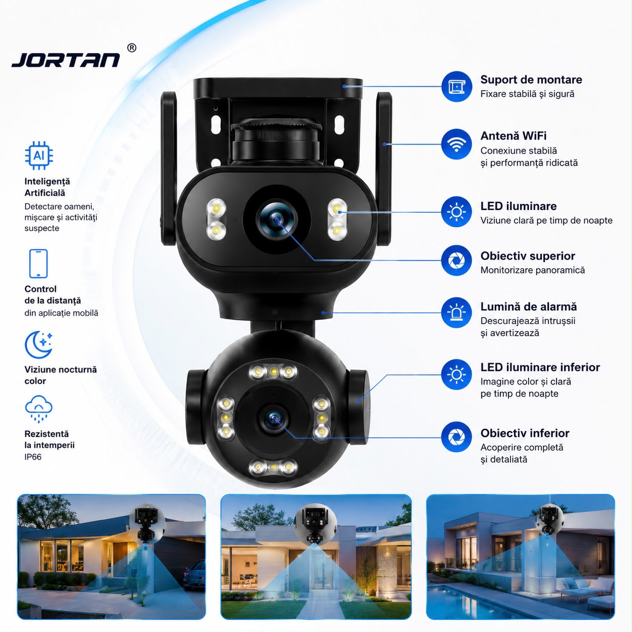 Camera de Supraveghere WiFi JORTAN JT-9680, 4MP, 2 Lentile, PTZ 360°, IP65, AI Detectare Persoane, Animale si Vehicule, Vedere Nocturna Color, Audio Bidirectional, Alarma Integrata, Aplicatie Yoosee, Card MicroSD 32GB Inclus