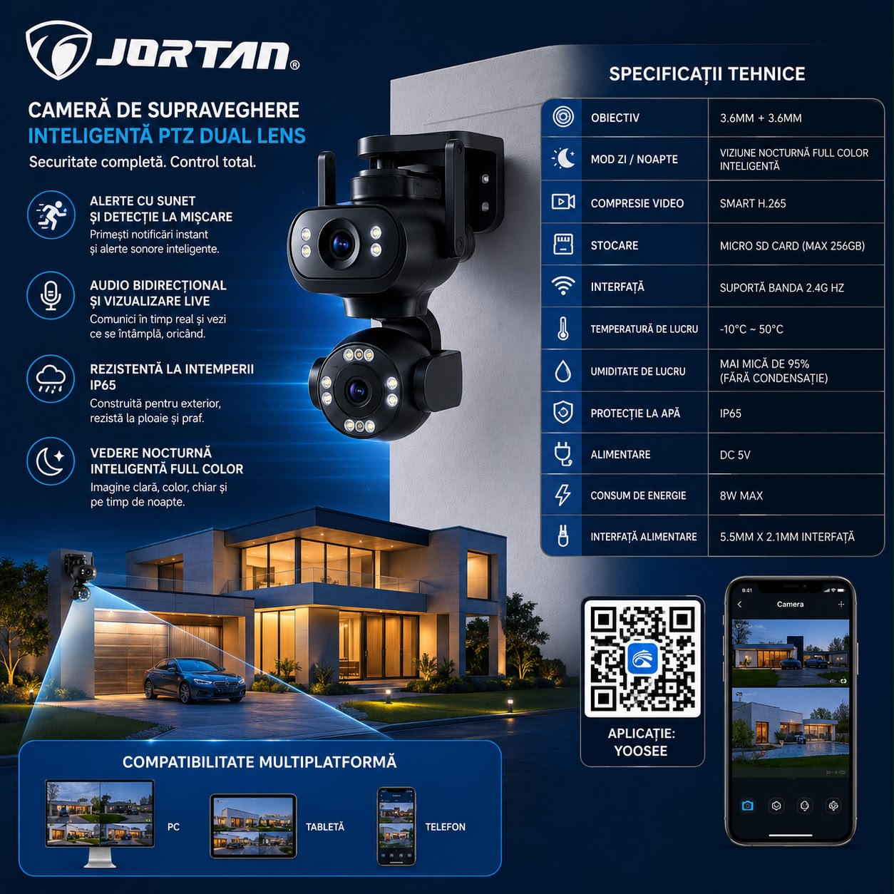 Camera de Supraveghere WiFi JORTAN JT-9680, 4MP, 2 Lentile, PTZ 360°, IP65, AI Detectare Persoane, Animale si Vehicule, Vedere Nocturna Color, Audio Bidirectional, Alarma Integrata, Aplicatie Yoosee, Card MicroSD 32GB Inclus