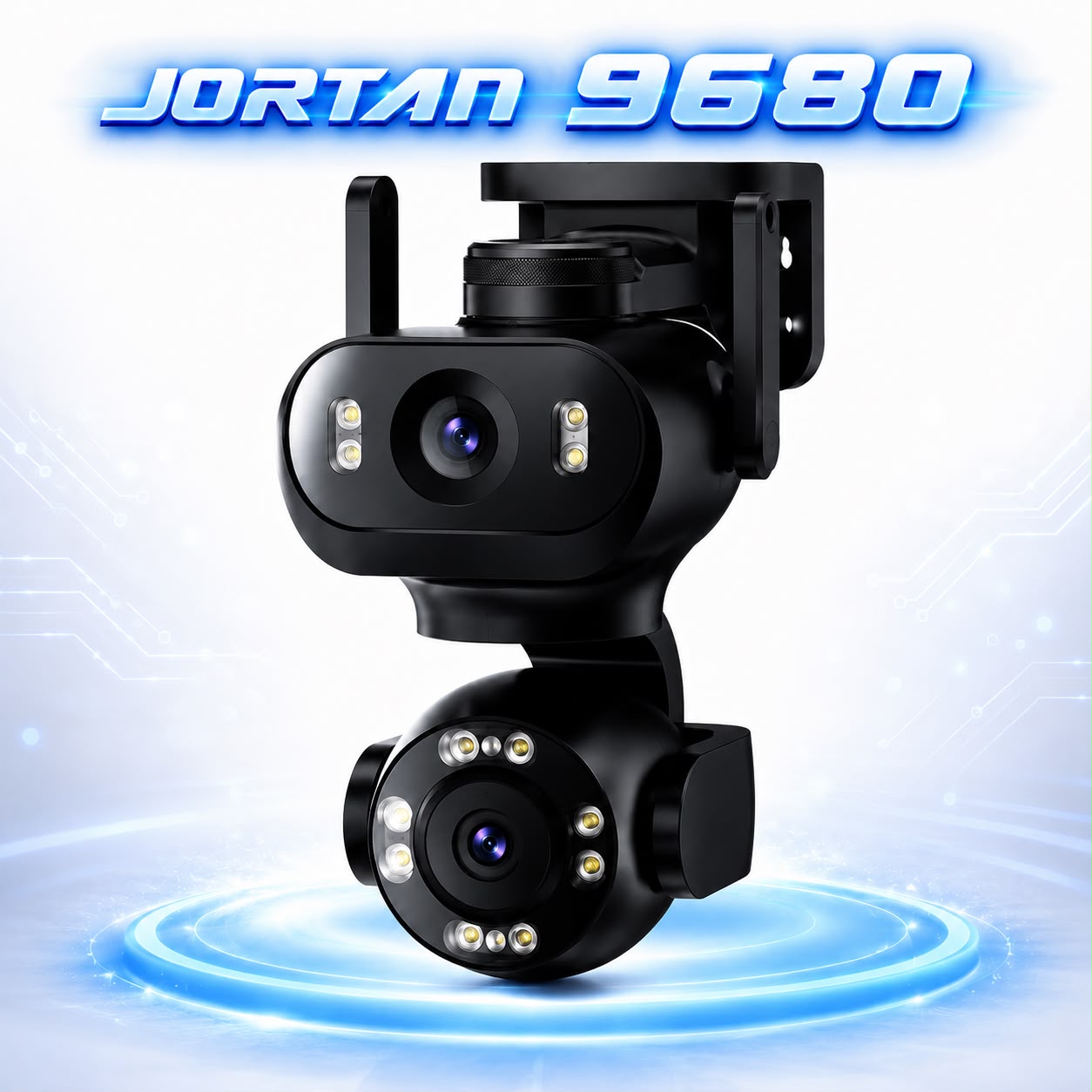 Camera de Supraveghere WiFi JORTAN JT-9680, 4MP, 2 Lentile, PTZ 360°, IP65, AI Detectare Persoane, Animale si Vehicule, Vedere Nocturna Color, Audio Bidirectional, Alarma Integrata, Aplicatie Yoosee, Card MicroSD 32GB Inclus