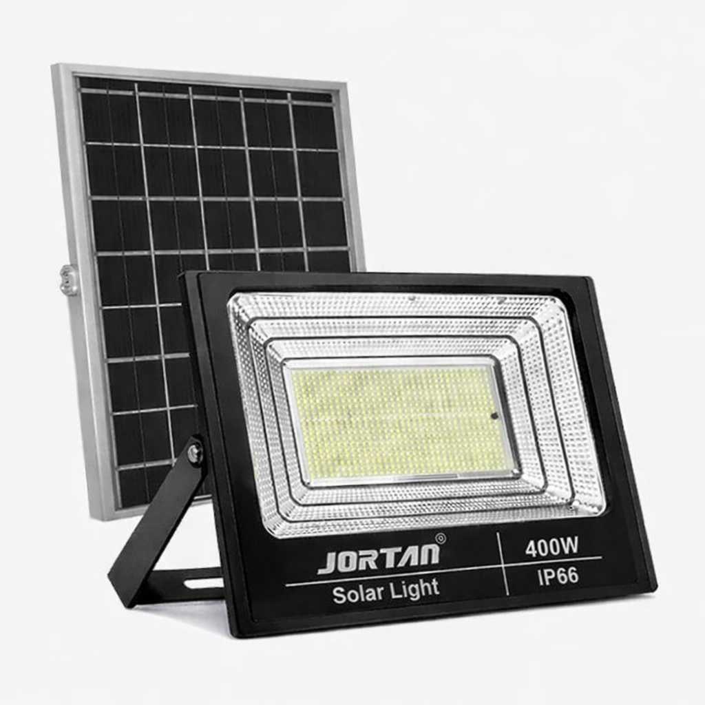 Proiector Solar LED 400W JORTAN Exterior cu Panou Solar Extern, Telecomandă, Lumină Alb Rece 6500K, IP66 Rezistent la Apă și Praf, Fără Consum Electric, Ideal pentru Curte, Alee, Garaj și Parcare