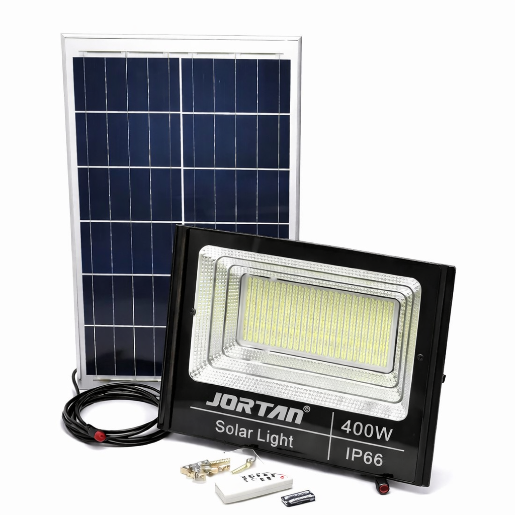 Proiector Solar LED 400W JORTAN Exterior cu Panou Solar Extern, Telecomandă, Lumină Alb Rece 6500K, IP66 Rezistent la Apă și Praf, Fără Consum Electric, Ideal pentru Curte, Alee, Garaj și Parcare