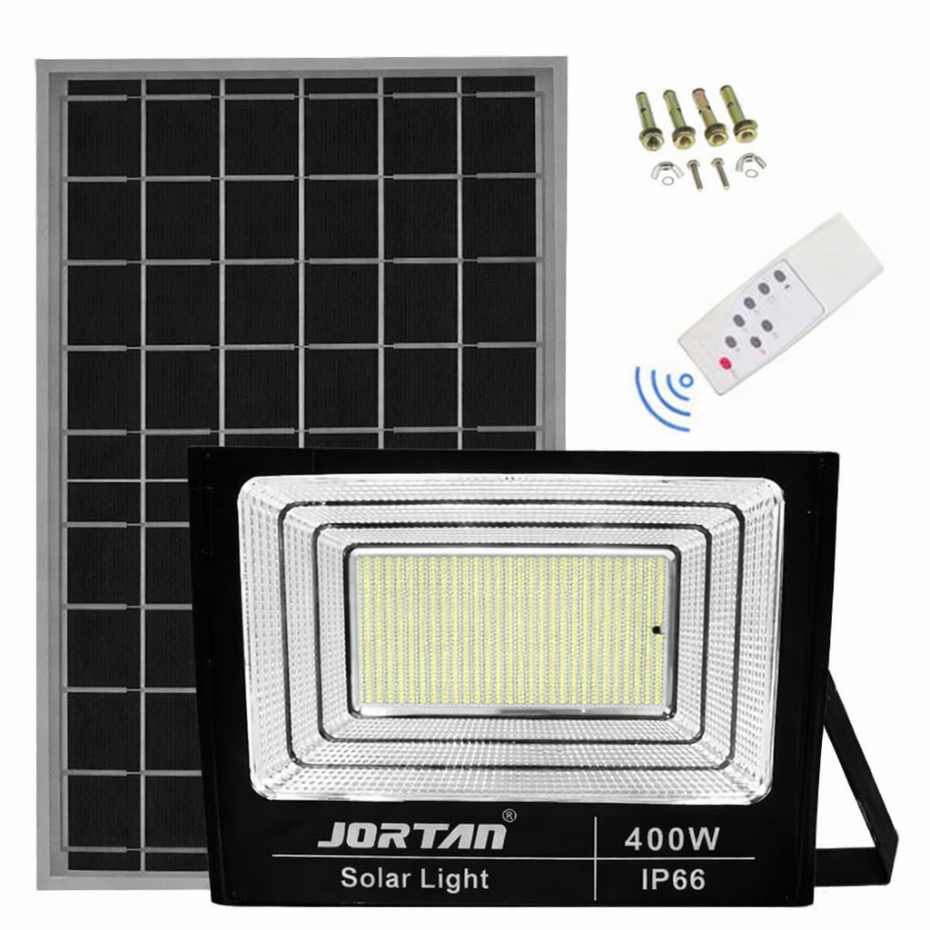 Proiector Solar LED 400W JORTAN Exterior cu Panou Solar Extern, Telecomanda, Lumina Alb Rece 6500K, IP66 Rezistent la Apa și Praf, Fara Consum Electric, Ideal pentru Curte, Alee, Garaj si Parcare