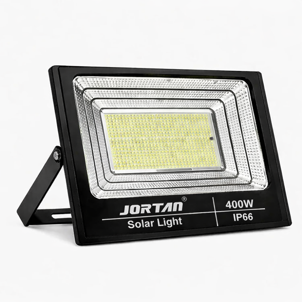 Proiector Solar LED 400W JORTAN Exterior cu Panou Solar Extern, Telecomanda, Lumina Alb Rece 6500K, IP66 Rezistent la Apa și Praf, Fara Consum Electric, Ideal pentru Curte, Alee, Garaj si Parcare