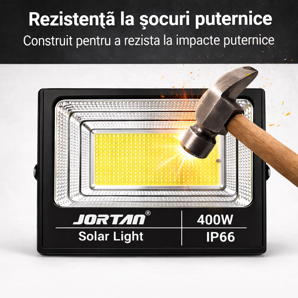 Proiector Solar LED 400W JORTAN Exterior cu Panou Solar Extern, Telecomanda, Lumina Alb Rece 6500K, IP66 Rezistent la Apa și Praf, Fara Consum Electric, Ideal pentru Curte, Alee, Garaj si Parcare