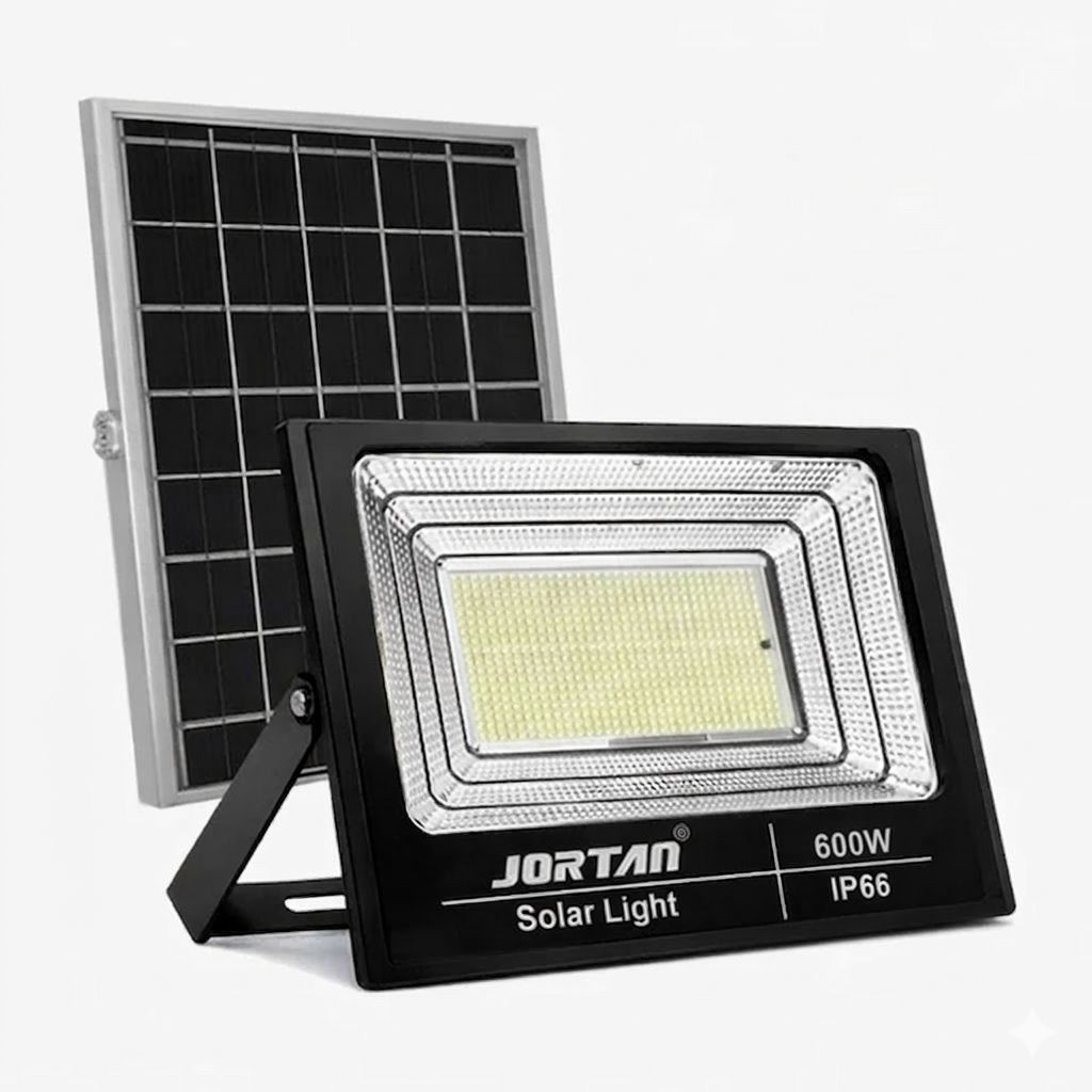 Proiector Solar LED 600W JORTAN Exterior cu Panou Solar Extern, Telecomandă, Lumină Alb Rece 6500K, IP66 Rezistent la Apă și Praf, Fără Consum Electric, Ideal pentru Curte, Alee, Garaj și Parcare