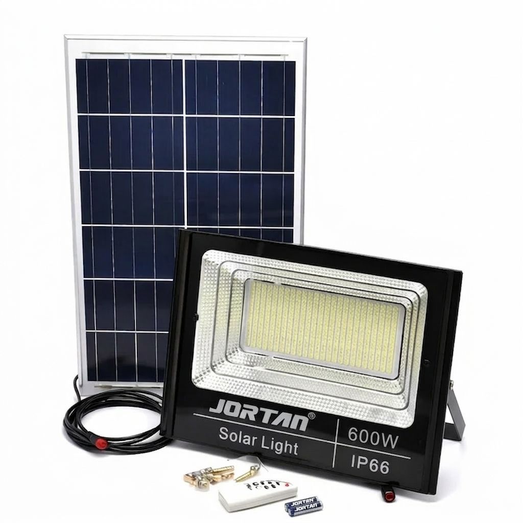 Proiector Solar LED 600W JORTAN Exterior cu Panou Solar Extern, Telecomandă, Lumină Alb Rece 6500K, IP66 Rezistent la Apă și Praf, Fără Consum Electric, Ideal pentru Curte, Alee, Garaj și Parcare