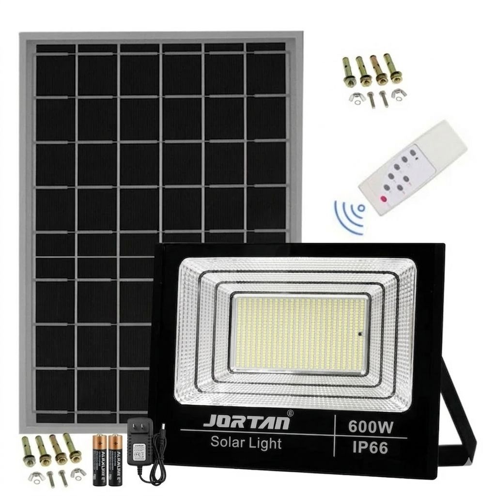 Proiector Solar LED 600W JORTAN Exterior cu Panou Solar Extern, Telecomanda, Lumina Alb Rece 6500K, IP66 Rezistent la Apa și Praf, Fara Consum Electric, Ideal pentru Curte, Alee, Garaj Si Parcare