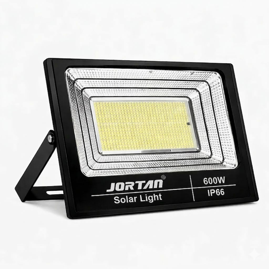 Proiector Solar LED 600W JORTAN Exterior cu Panou Solar Extern, Telecomanda, Lumina Alb Rece 6500K, IP66 Rezistent la Apa și Praf, Fara Consum Electric, Ideal pentru Curte, Alee, Garaj Si Parcare