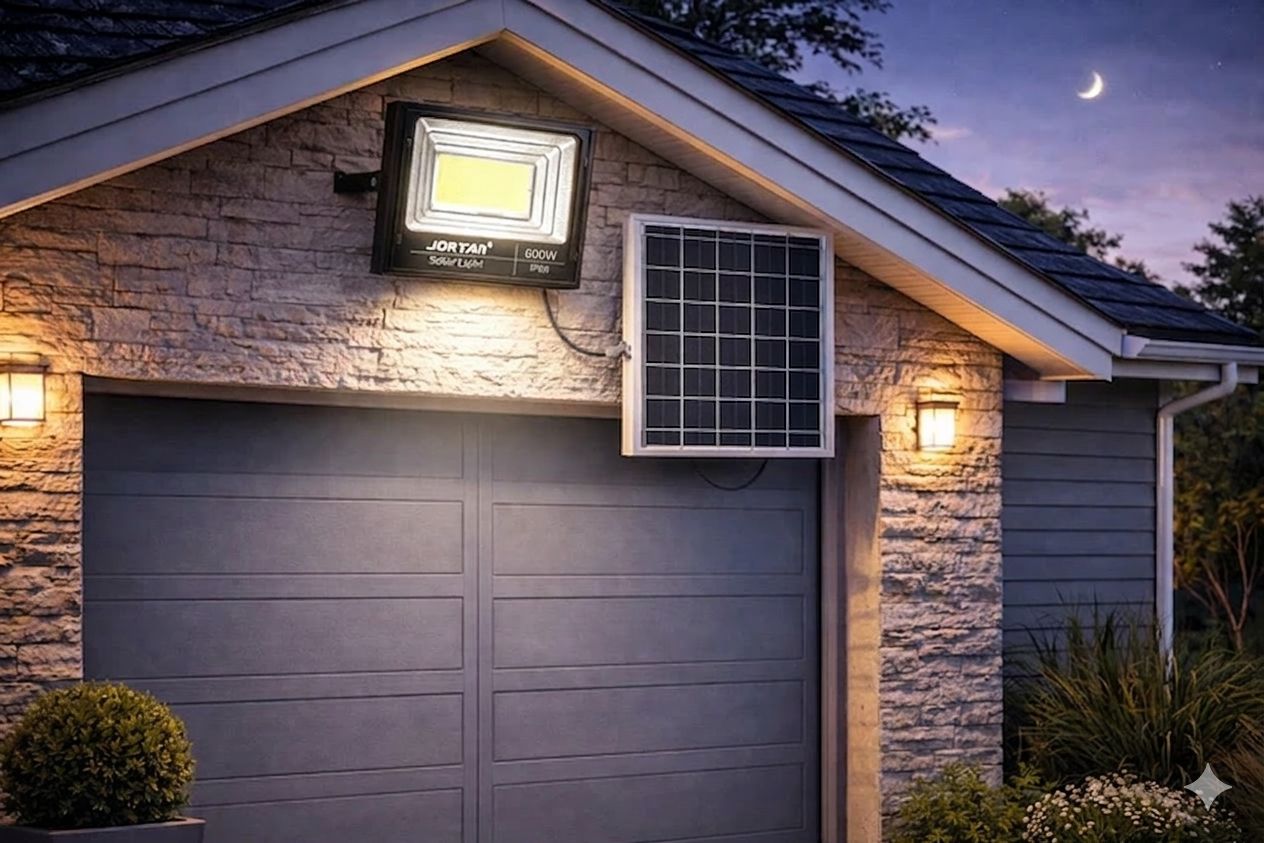 Proiector Solar LED 600W JORTAN Exterior cu Panou Solar Extern, Telecomanda, Lumina Alb Rece 6500K, IP66 Rezistent la Apa și Praf, Fara Consum Electric, Ideal pentru Curte, Alee, Garaj Si Parcare