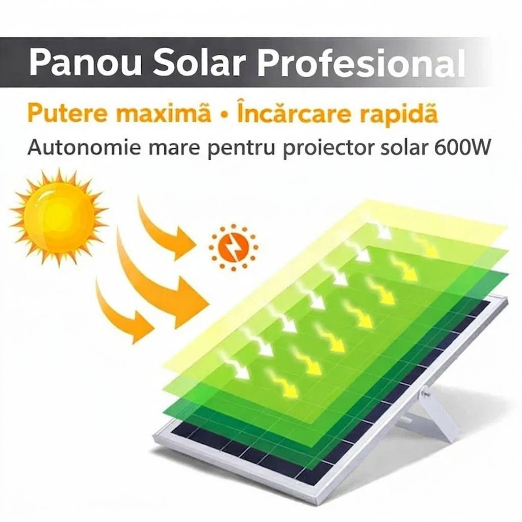 Proiector Solar LED 600W JORTAN Exterior cu Panou Solar Extern, Telecomanda, Lumina Alb Rece 6500K, IP66 Rezistent la Apa și Praf, Fara Consum Electric, Ideal pentru Curte, Alee, Garaj Si Parcare
