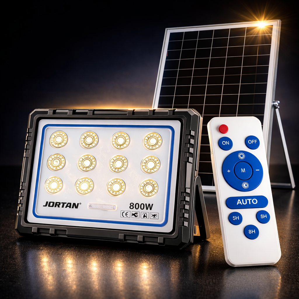 Proiector Solar LED 800W JORTAN, Rama aluminiu, Panou Solar 40W, 180 LED-uri Ultra Puternice, Senzor de Mișcare, Telecomandă, IP66 Impermeabil, Fără Consum Electric, pentru Curte, Parcare, Alee