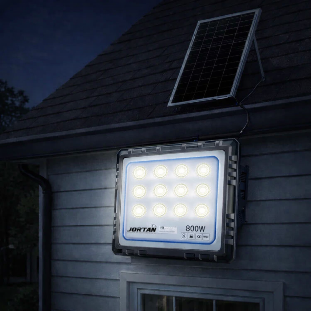 Proiector Solar LED 800W JORTAN, Rama aluminiu, Panou Solar 40W, 180 LED-uri Ultra Puternice, Senzor de Miscare, Telecomanda, IP66 Impermeabil, Fara Consum Electric, pentru Curte, Parcare, Alee