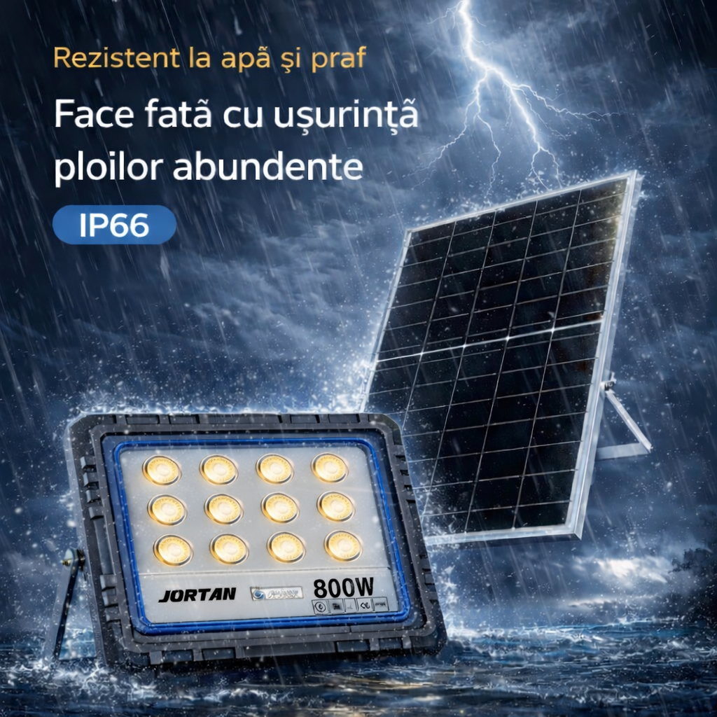 Proiector Solar LED 800W JORTAN, Rama aluminiu, Panou Solar 40W, 180 LED-uri Ultra Puternice, Senzor de Miscare, Telecomanda, IP66 Impermeabil, Fara Consum Electric, pentru Curte, Parcare, Alee
