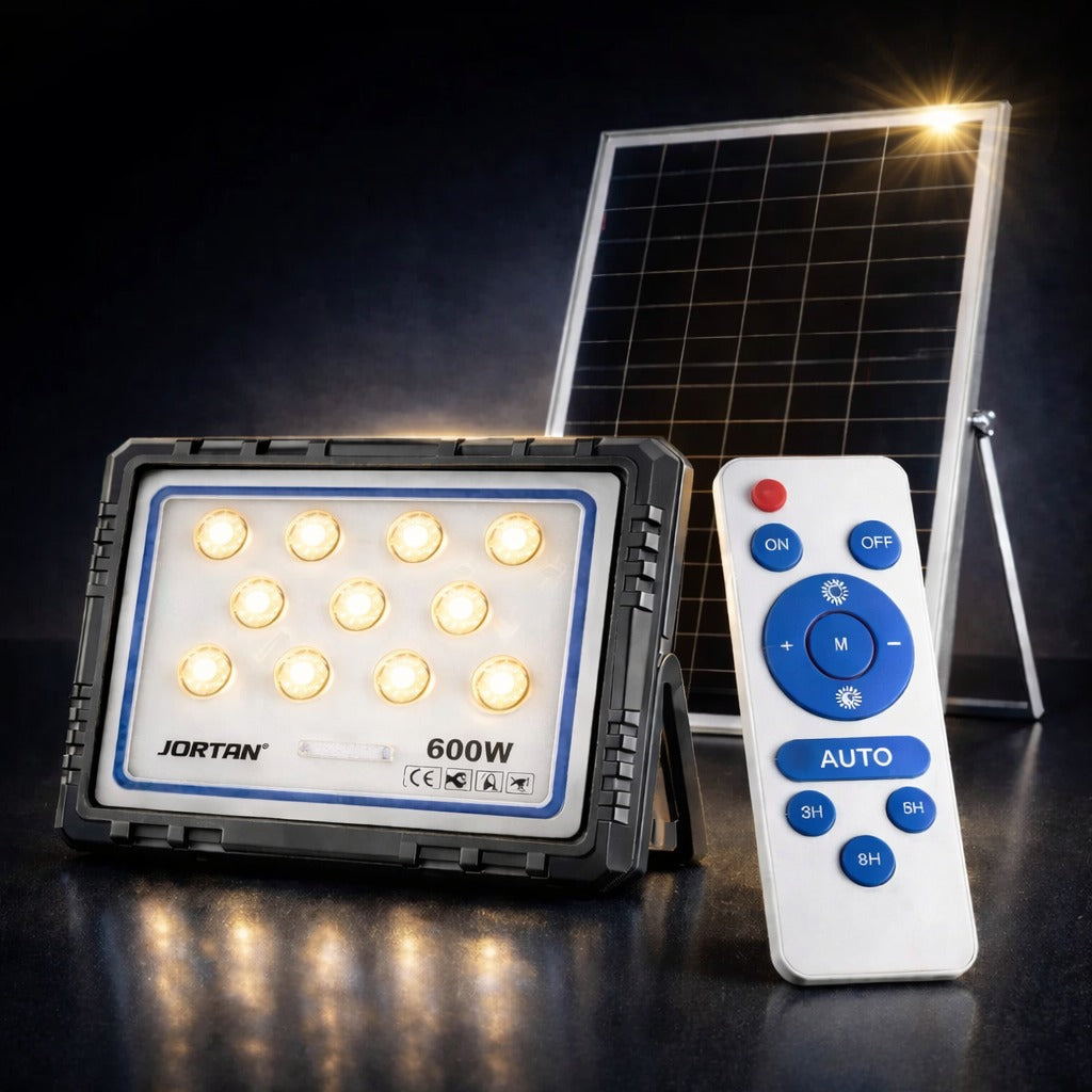 Proiector Solar LED 600W JORTAN, Rama aluminiu, Panou Solar 40W, 165 LED-uri Ultra Puternice, Senzor de Mișcare, Telecomandă, IP66 Impermeabil, Fără Consum Electric, pentru Curte, Parcare, Alee