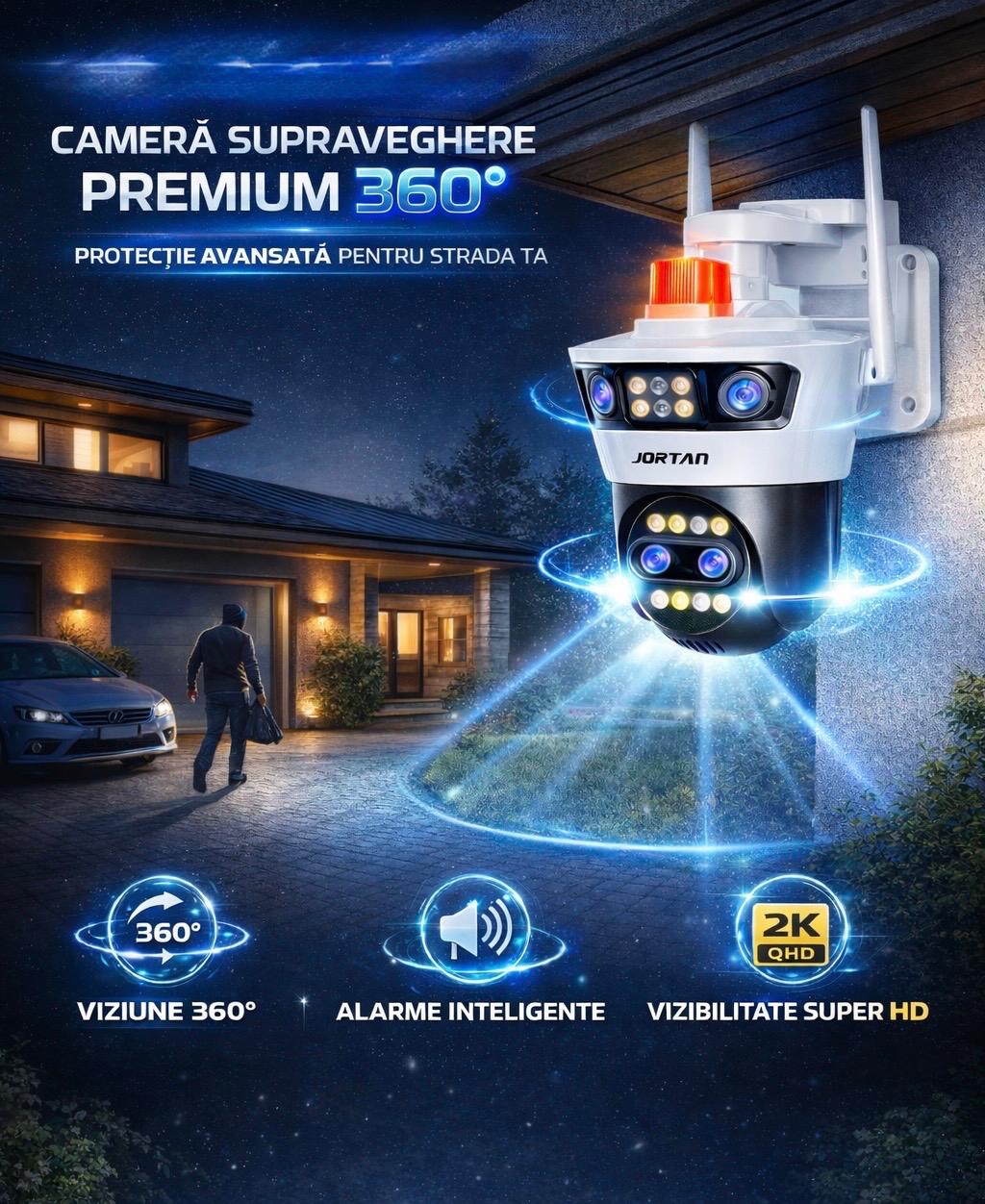Camera de Supraveghere WiFi Jortan 7, 12MP, Quad Lens, PTZ 360°, IP66, Vedere Nocturna Color, Audio Bidirectional, Alarma Integrata, Aplicatie Yoosee, Card MicroSD 32GB Inclus