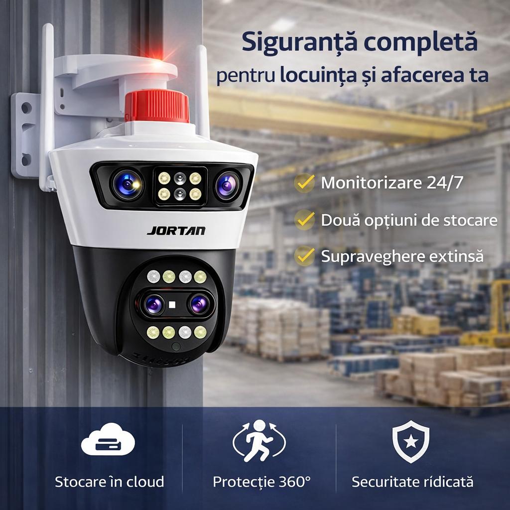 Camera de Supraveghere WiFi Jortan 7, 12MP, Quad Lens, PTZ 360°, IP66, Vedere Nocturna Color, Audio Bidirectional, Alarma Integrata, Aplicatie Yoosee, Card MicroSD 32GB Inclus