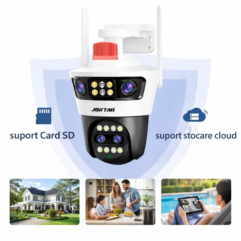 Camera de Supraveghere WiFi Jortan 7, 12MP, Quad Lens, PTZ 360°, IP66, Vedere Nocturna Color, Audio Bidirectional, Alarma Integrata, Aplicatie Yoosee, Card MicroSD 32GB Inclus