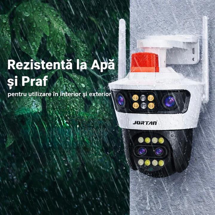 Camera de Supraveghere WiFi Jortan 7, 12MP, Quad Lens, PTZ 360°, IP66, Vedere Nocturna Color, Audio Bidirectional, Alarma Integrata, Aplicatie Yoosee, Card MicroSD 32GB Inclus