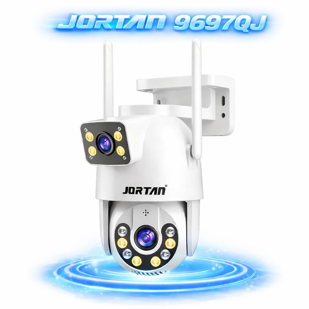 Cameră de Supraveghere WiFi Jortan 9697QJ, 6MP, Dual Lens, PTZ 360°, Exterior IP66, Vedere Nocturnă Color, Audio Bidirecțional, Aplicație Yoosee, Card MicroSD 32GB Inclus