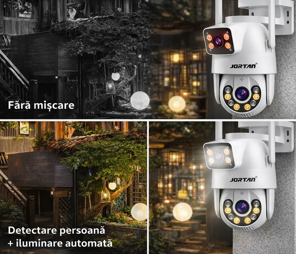 Camera de Supraveghere WiFi Jortan 9697QJ, 6MP, Dual Lens, PTZ 360°, Exterior IP66, Vedere Nocturna Color, Audio Bidirectional, Aplicatie Yoosee, Card MicroSD 32GB Inclus