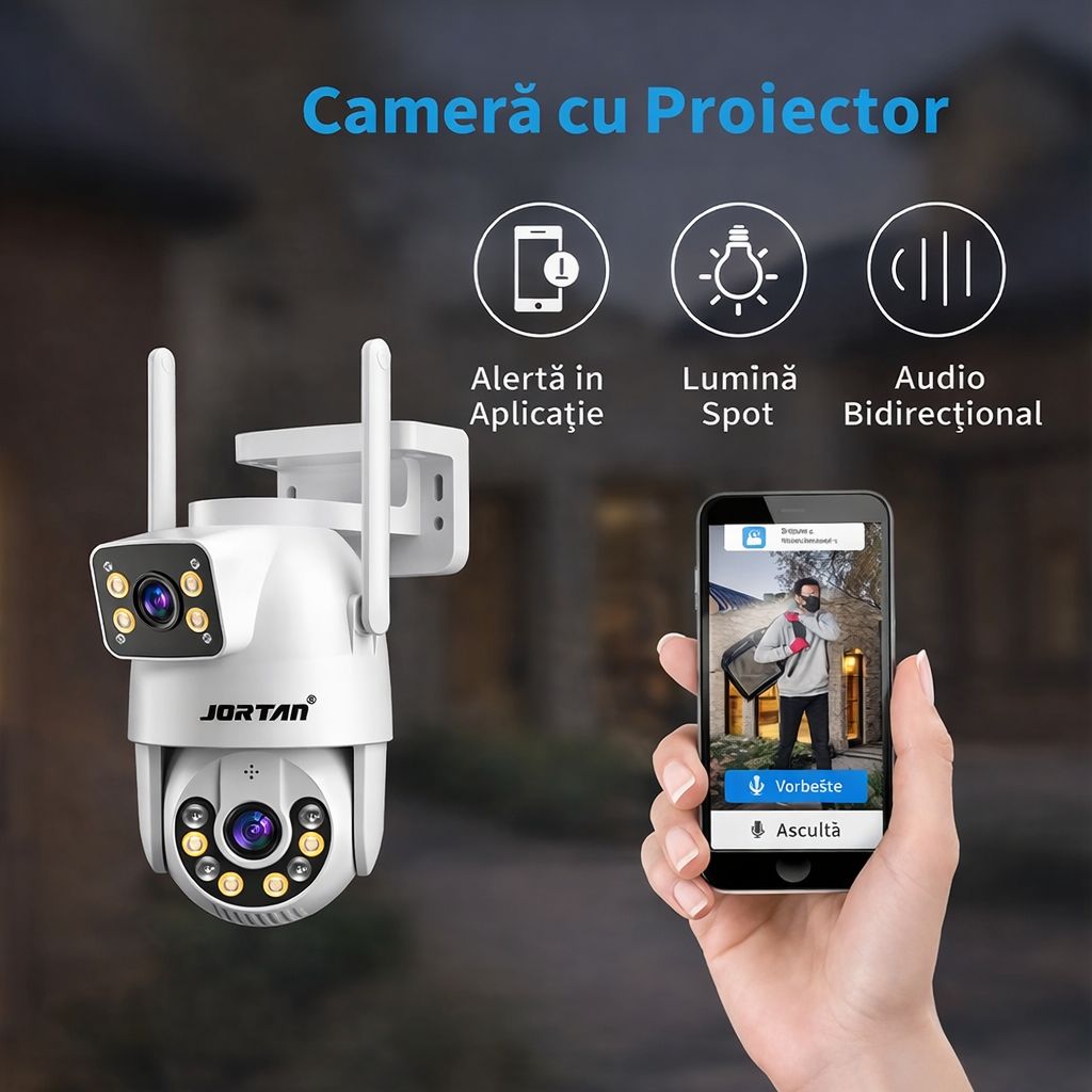 Camera de Supraveghere WiFi Jortan 9697QJ, 6MP, Dual Lens, PTZ 360°, Exterior IP66, Vedere Nocturna Color, Audio Bidirectional, Aplicatie Yoosee, Card MicroSD 32GB Inclus