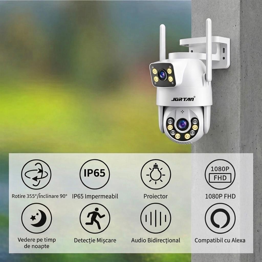 Camera de Supraveghere WiFi Jortan 9697QJ, 6MP, Dual Lens, PTZ 360°, Exterior IP66, Vedere Nocturna Color, Audio Bidirectional, Aplicatie Yoosee, Card MicroSD 32GB Inclus
