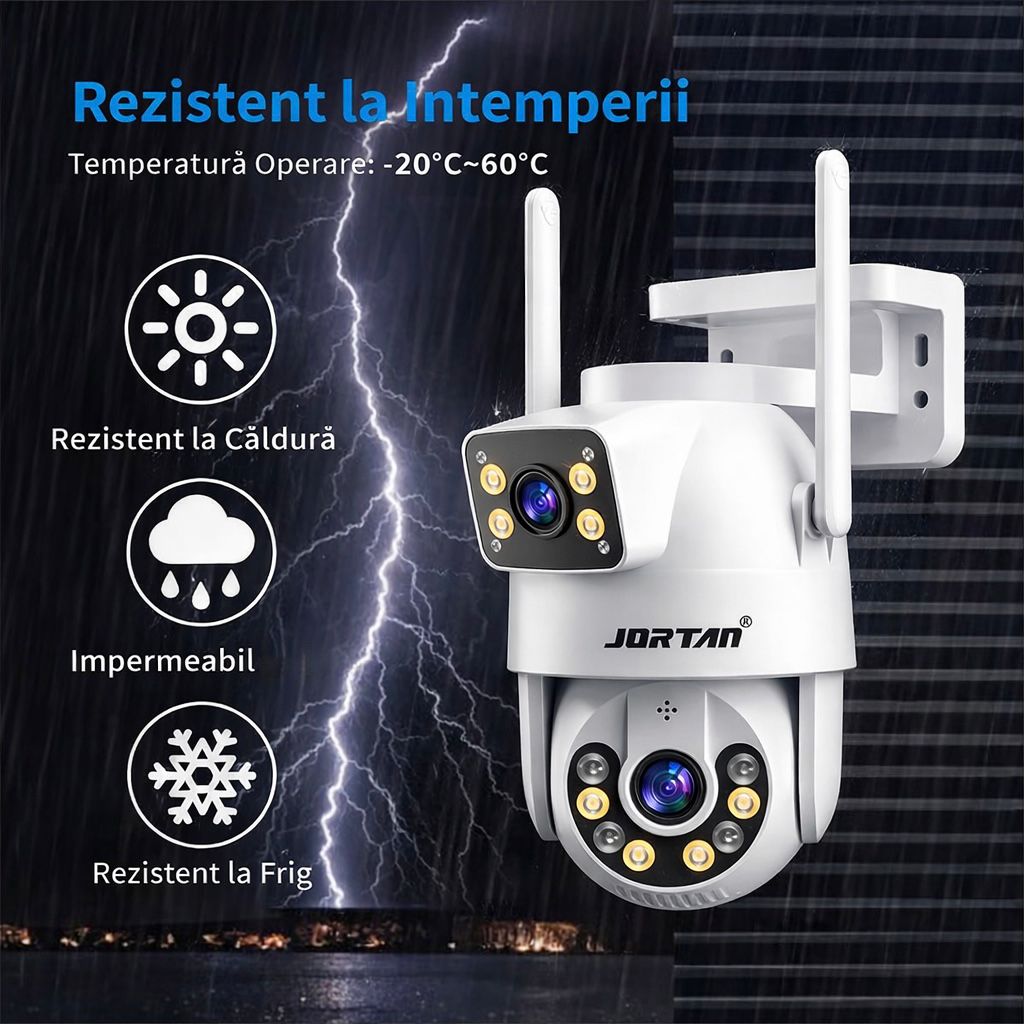 Camera de Supraveghere WiFi Jortan 9697QJ, 6MP, Dual Lens, PTZ 360°, Exterior IP66, Vedere Nocturna Color, Audio Bidirectional, Aplicatie Yoosee, Card MicroSD 32GB Inclus