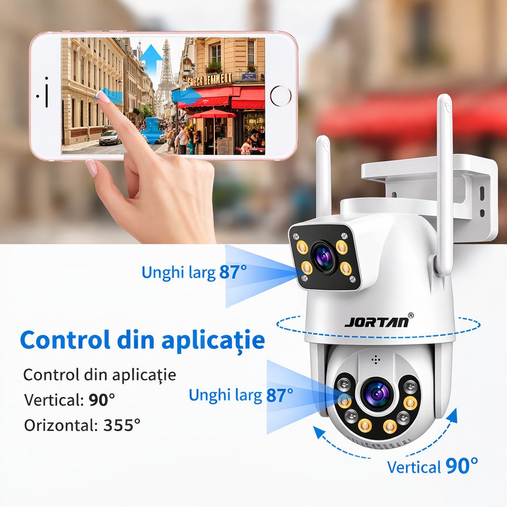 Camera de Supraveghere WiFi Jortan 9697QJ, 6MP, Dual Lens, PTZ 360°, Exterior IP66, Vedere Nocturna Color, Audio Bidirectional, Aplicatie Yoosee, Card MicroSD 32GB Inclus