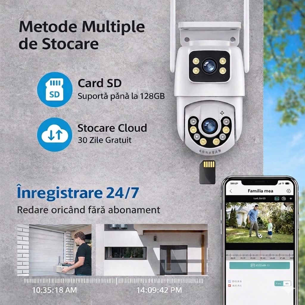 Camera de Supraveghere WiFi Jortan 9697QJ, 6MP, Dual Lens, PTZ 360°, Exterior IP66, Vedere Nocturna Color, Audio Bidirectional, Aplicatie Yoosee, Card MicroSD 32GB Inclus