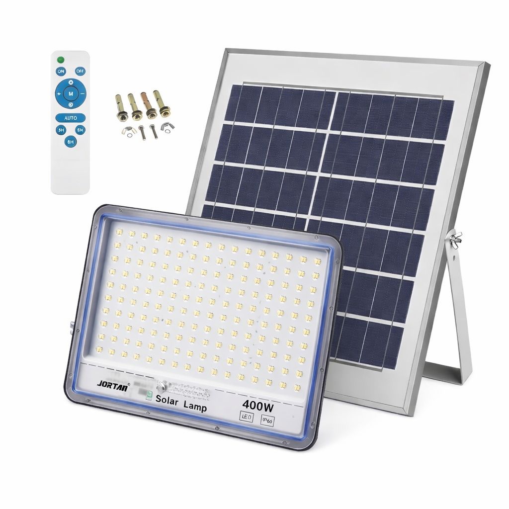 Proiector Solar LED JORTAN Exterior 400W, 176 LED SMD, cu Panou Solar 25W Extern, Telecomanda, Lumina Alb Rece, Senzor Lumina, IP66 Rezistent la Apa si Praf, pentru Curte, Gradina, Alee, Garaj si Parcare