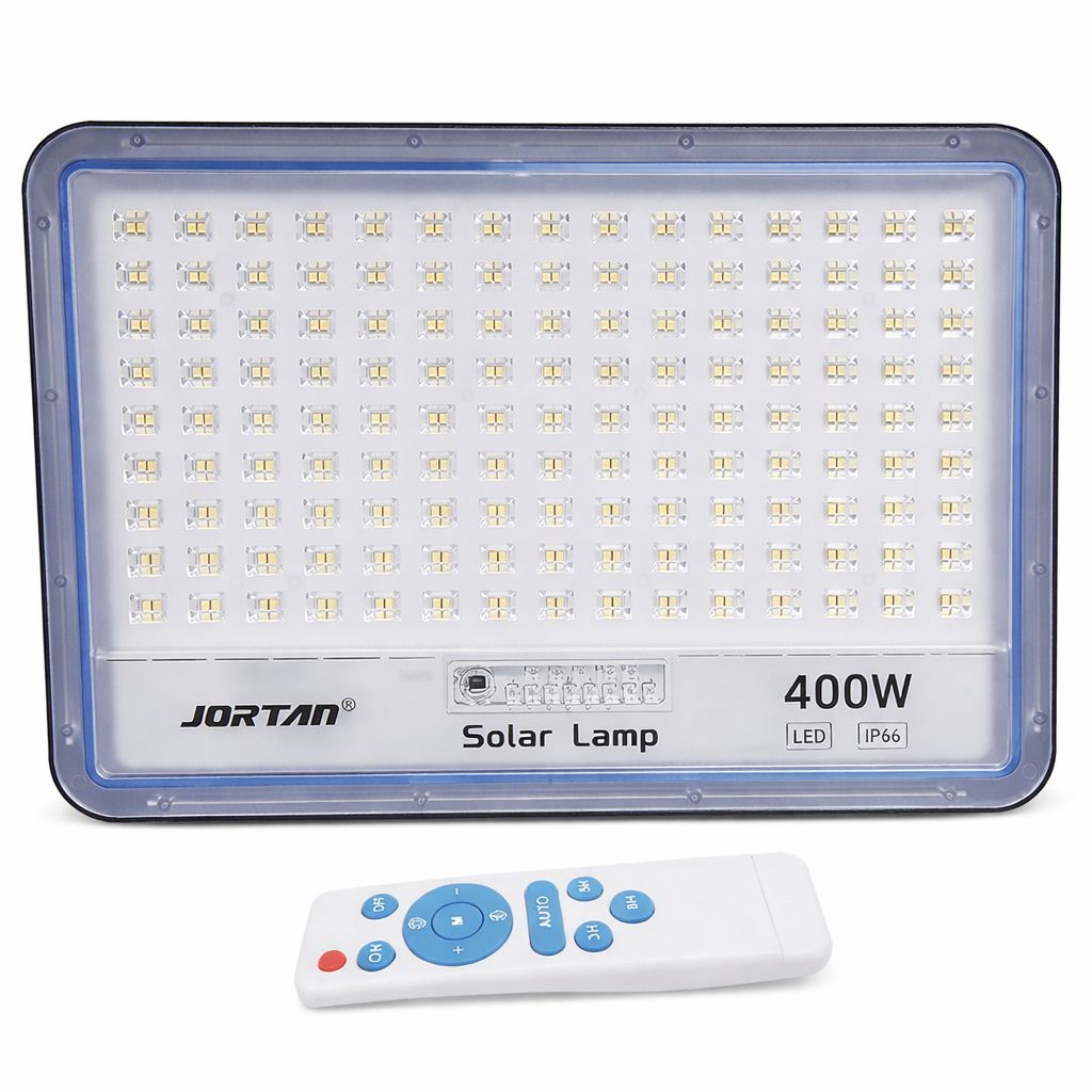 Proiector Solar LED JORTAN Exterior 400W, 176 LED SMD, cu Panou Solar 25W Extern, Telecomanda, Lumina Alb Rece, Senzor Lumina, IP66 Rezistent la Apa si Praf, pentru Curte, Gradina, Alee, Garaj si Parcare