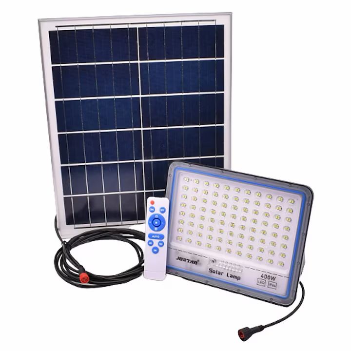 Proiector Solar LED JORTAN Exterior 400W, 176 LED SMD, cu Panou Solar 25W Extern, Telecomanda, Lumina Alb Rece, Senzor Lumina, IP66 Rezistent la Apa si Praf, pentru Curte, Gradina, Alee, Garaj si Parcare